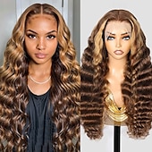economico Parrucche lace front capelli veri-p4/27 ombre marrone 13x4 pizzo frontale parrucche di capelli umani evidenziano onde profonde sciolte 150% densità per donne nere