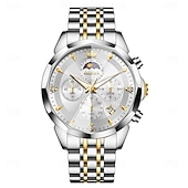 abordables Relojes de Cuarzo-Reloj de pulsera Olevs 3673 para hombre, con esfera romboidal y fase lunar, de acero inoxidable macizo, resistente al agua y fecha.
