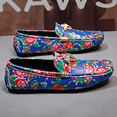 preiswerte Herrenpantoletten &amp; -slipper-Blaue Slipper für Herren mit Blumenmuster und Löwenkopf-Dekoration, stylische Mokassins, ideal für Freizeitausflüge, als Freizeitkleidung und für erholsame Ferien