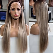 economico Parrucche lace front capelli veri-Parrucche con chiusura in pizzo 5x5 con capelli umani grezzi, parrucca frontale in pizzo con mèches biondo cenere ombré 13x4, parte libera, con capelli per bambini e mèches, parrucche in capelli umani