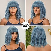 cheap Synthetic Trendy Wigs-Synthetic Wig Wavy Water Wave Layered Haircut Neat Bang Machine Made Wig 12 inch A1 Synthetic Hair Women&#039;s Classic Adorable Comfortable Blue