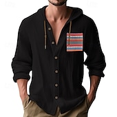 preiswerte Klassiker-Herren Hemd leinenhemd Sommerhemd Strandhemd Knopfhemd Kapuzenhemd Einfach Urlaub Alltagskleidung Schwarz Weiß Himmelblau Khaki Langarm Mit Kapuze Sommer Bekleidung Patchwork
