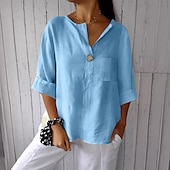 cheap Shirts-Women&#039;s Cotton Linen Blouse Solid Color Elegant Stylish Casual 3/4 Length Sleeve V Neck Regular Tops Daily Holiday Buttons Black White Pink Blue Beige Summer Spring