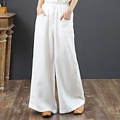 preiswerte Schlichte Hose aus Baumwollleinen-Damen Weites Bein Hose aus Baumwollleinen Stoffhosen Mode Streetwear Volle Länge Natürliche Taille Einfach Tasche Elastisches Kordelzugdesign Bequem Außenbereich Straße Ferien Wochenende Aprikose