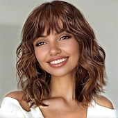 economico Parrucche trendy sintetiche-Parrucche ondulate bob con frangia, parrucche castano scuro misto per donne, parrucche ondulate ricce corte con mèches, parrucca da donna naturale lunga fino alle spalle per l&#039;uso quotidiano alle