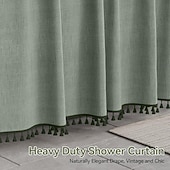 お買い得  シャワーカーテン-バスルーム用ボホシャワーカーテン、タッセル付きファームハウスシャワーカーテン、セージグリーンシャワーカーテンセット、フェイクリネンファブリックシャワーカーテン（12フック付き）、ホテル品質