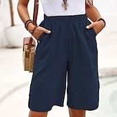 cheap Cotton Linen Shorts-Women&#039;s Cotton Linen Shorts Shorts Crop Streetwear Casual Knee Length Natural Plain Pocket Elastic Waist Outdoor Comfortable Outdoor Going out Light Sky Blue Black White Dark navy Summer Regular Fit