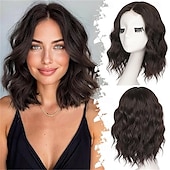 abordables Perruques Synthétiques Sans Bonnet-Perruque courte ondulée à reflets bruns pour femme style bob synthétique résistante à la chaleur - aspect naturel pour une coiffure de tous les jours 14 pouces