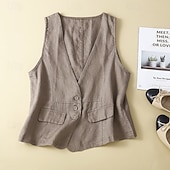 Χαμηλού Κόστους Βασικά Ψεύτικα Πουκάμισα-Γυναικεία Λινό από ψεύτικο βαμβάκι Τσέπη Κουμπιά Σκέτο Βασικό Καθημερινό Αμάνικο Λαιμόκοψη V Κανονικά μπλουζάκια Αργίες Εξόδου Μαύρο Πορτοκαλί Πράσινο του τριφυλλιού Χακί Μπεζ Καλοκαίρι