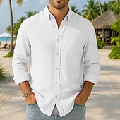 preiswerte Urlaub-Herren Baumwoll-Leinen-Hemd Einfarbig Urlaub Schwarz Weiß Rosa Dunkelmarine Langarm Revers Bekleidung Button-Down
