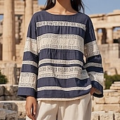 preiswerte Hemden-Damen Baumwoll-Leinen-Hemden Boho-Hemd Geometrisch Einfach Täglich Stilvoll Basic Langarm Rundhalsausschnitt Normale Oberteile Arbeit Täglich Ferien Druck Marineblau Purpur Khaki Beige Frühling Herbst