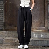 abordables Pantalón liso de lino y algodón-Mujer Pantalones de lino y algodón pantalones Ropa de calle Casual Longitud total Cintura Media Plano Bolsillo Cintura elástica Confortable Cómodo Diario Fin de semana Albaricoque Negro Azul Marino