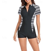 abordables Maillots de bain une pièce-Femmes Maillots de Bain Une Pièce Maillot de bain Zip Up Patchwork Tropical Tenues de plage Fleur Col rond Manches courtes Maillots de bain