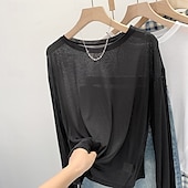 cheap White tee-Women&#039;s T Shirt Plain Modern Casual Long Sleeve Crew Neck Regular Tops Daily Going out Black White Pink Blue Gray Summer
