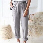 economico Pantaloni in lino e cotone semplici-Per donna Pantaloni in cotone e lino Pantaloni Eleganti Casual Lunghezza intera Naturale Semplice Tasca Elastico in vita All&#039;aperto Confortevole Streetwear Uscire Magenta azzurro cielo Grigio Nero