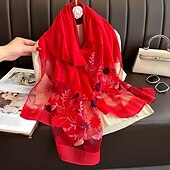 abordables Manches &amp; Écharpe-Printemps et automne nouveau clou perle simulation foulard en soie élégant et polyvalent pour les femmes brodé fleur de pommier longue écharpe été crème solaire écharpe