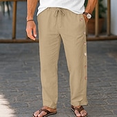 baratos Retrô-Homens Calças de linho Calças Calça verão Calças largas Com Cordão Cintura elástica Botão Lateral Tecido Respirável Comprimento total Ao ar livre Férias Casual Férias Estilo Étnico Preto Branco