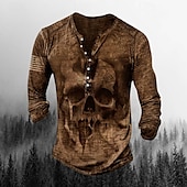 cheap Ghost&amp;Skull-Men&#039;s T shirt Tee Henley Shirt Graphic Skull Henley Army Green Brown Khaki Gray Plus Size Street Casual Long Sleeve Button-Down Print Clothing Apparel Stylish Retro Vintage Basic