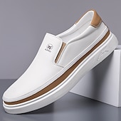 baratos Ténis para Homem-Tênis masculinos slip-on brancos com detalhes em PU – calçados leves e modernos para streetwear, viagens e trajes casuais