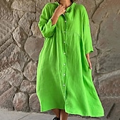 cheap Dresses-Women&#039;s Midi Dress Cotton Linen Dresses Casual Dress Fashion Outdoor Party Holiday Regular Fit Plain Long Sleeve Crew Neck Light Green Pink Grey Summer