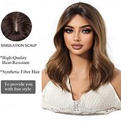 abordables Perruques Synthétiques Sans Bonnet-Perruque marron ombré pour femme avec frange rideau, cheveux synthétiques bouclés naturels de longueur moyenne, résistants à la chaleur, pour un usage quotidien, pour un cosplay ou une fête