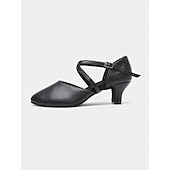 cheap Ballroom Shoes &amp; Modern Dance Shoes-Women&#039;s Black Cross Strap Closed-Toe Latin Dance Shoes with Low Heels – Comfortable Performance Ballroom Shoes for Beginners and Social Dancers