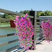 ieftine Plante și flori artificiale-5 buc flori artificiale agățate de glorie de dimineață pentru exterior, petunii artificiale rezistente la UV, mătase falsă, viță de vie lungă, eucalipt, glorie de dimineață, pentru exterior, jardinier de interior, verandă, combinație de decor pentru casă.