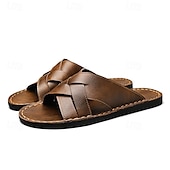 billige Ferietøfler-brune sandaler i imitert skinn med kryssrem – uformelle slip-on sandaler med slitesterk såle, perfekt for hverdagskomfort, ferie og utendørseventyr