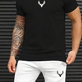 baratos Conjuntos de camisetas estampadas masculinas-Homens Veado 2pcs Conjuntos de camisetas Manga Curta Calças curtas Gola Redonda Casual Esporte Casual Diário Impressão 3D Verão Preto-branco