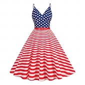  250º Aniversário EUA Meio-dia Vestidos Sem Mangas Nadador Bandeira dos EUA Decote V Fantasia Mulheres 250º Aniversário EUA 4 de julho Festa Adulto Vestido Verão