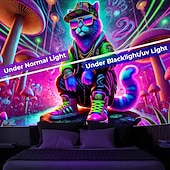 abordables Tapisseries à la lumière noire-Tenture lumineuse sous lumière noire glow in the dark fête luminescente réactive aux UV motif de chat de rue paysage naturel brumeux trippant œuvre d&#039;art murale pour salon chambre