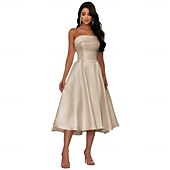 cheap Little White Dresses-Hall Royal Style Little White Dresses Wedding Dresses A-Line Off Shoulder Sleeveless Tea Length Satin Bridal Gowns With Solid Color