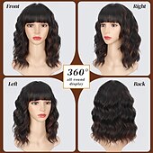 economico Parrucche trendy sintetiche-Parrucca Lativ nera mista castana con frangia, parrucche corte e ondulate per donne, lunghezza spalle, ricce, caschetto lungo 14 pollici, per cosplay di Halloween, uso quotidiano per feste