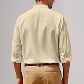 preiswerte Business Casual-Herren Baumwoll-Leinen-Hemd Einfach Urlaub Schwarz Weiß Khaki Dunkelgray Langarm Großvaterkragen Bekleidung Tasche