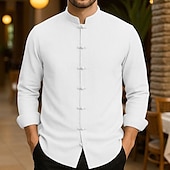 economico Casual da lavoro-Per uomo Camicia in cotone e lino Colore Solido / Tinta Unita Vacanza Nero Bianco Verde chiaro Rosa Manica Lunga Nonno Abbigliamento