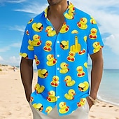 preiswerte Vögel &amp; Tiere-Herren Tiermotiv Lustig Ente Hemd Sommer Hawaiihemd Knopfhemd Kurzarm Hawaiianisch Urlaub Ferien Strandbekleidung Sommer Umlegekragen 3D-Druck Eine Tasche vorne Leinenähnliches Hemd Rote Blau Orange