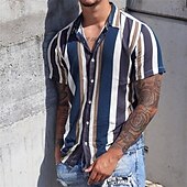 billige skjorte for menn-Herre Skjorte Sommerskjorte Uformell skjorte Strandskjorte Skjorte med knapper grå blå Kortermet Stribe Knaphul Feriereise Hawaiisk Klær Polyester Mote Fritid Bekvem