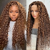 baratos Perucas de seda frontais de cabelo natural-Peruca de renda cor piano 4x4 alta com destaque p4/27, peruca de renda com ondas profundas, densidade de 150%, cabelo humano