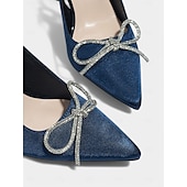 economico cocktail-Scarpe con tacco a spillo in raso verde da donna con cinturino posteriore e fiocco di cristallo: tacchi a gattino sofisticati per cocktail party e occasioni festive