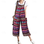 levne Grafické bavlněné plátěné kalhoty-Dámské overaly inspirované lnem, laclové kalhoty, streetwear, květinový střih, bez rukávů, výstřih do U, kapsy, potisk, street, denní, regular střih, žlutá, světle zelená, červená, léto
