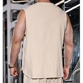 preiswerte Fitness Tank-Tops-Herren leinenhemd Tank Top Weste Unterhemd Ärmellos Rundhals Mandarinkragen Sommer Frühling &amp; Sommer Einfach Mode Designer Basic Knöpfe Knopf vorne Urlaub Straße Lässig Schwarz Rosa Wein Top T-Shirt