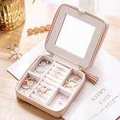 abordables Rangement et organisation-Boîte à bijoux de voyage avec miroir, étui de rangement portable en cuir PU, boîte à bijoux multifonctionnelle pour boucles d&#039;oreilles, bagues, colliers et accessoires