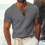 お買い得  コットンリネンTシャツ-男性用 ティートップ リネンライクTシャツ 半袖 Ｖネック 夏 平織り ファッション デザイナー ベーシック ソフト バケーション ストリート カジュアル／普段着 ライトブルー ブラック ホワイト メンズトップTシャツ