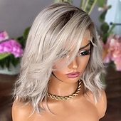cheap Human Hair Lace Front Wigs-Brazilian Remy Human Hair Ombre Glueless 5x5 Lace Closure Wigs  Short Bob Wavy 13x4 Lace Front Wig Ash Blonde Human Hair Wig with Baby Hair Natural Hairline For Women
