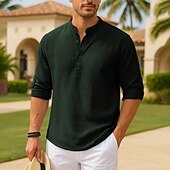 cheap Men&#039;s Popover Shirts-Men&#039;s Waffle Knit Shirt Black White Blue Sky Blue Dark Gray Long Sleeve Grandad Collar Stand Collar Henley Vacation Buckle Clothing Apparel Fashion Casual Comfortable