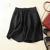 お買い得  コットンリネンショートパンツ-女性用 リネン風ショートパンツ ショーツ スラックス ストリートファッション カジュアル ショート ナチュラルウエスト 平織り ポケット 弾性巾着デザイン 快適 ストリート 祝日 カジュアル／普段着 ブラック イエロー ブルー オレンジ 夏 レギュラー