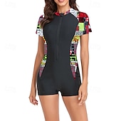 abordables Maillots de bain une pièce-Femmes Maillots de Bain Une Pièce Maillot de bain Zip Up Patchwork Tropical Tenues de plage Fleur Col rond Manches courtes Maillots de bain