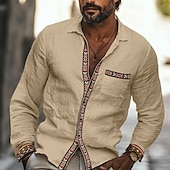 economico Strada-Per uomo Camicia Camicia di lino Camicia Estiva Camicia da Spiaggia Camicia con Bottoni Camicie retrò Tinta unica Vacanza Ferie Cachi Manica Lunga Collo ripiegato Estate Abbigliamento Patchwork