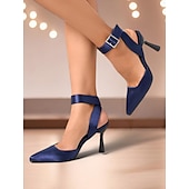abordables Bal de promo-Escarpins à bride arrière en satin bleu marine pour femmes avec boucle en strass pour la remise des diplômes, le bal de fin d&#039;année et les occasions spéciales
