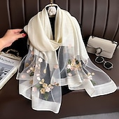 abordables Manches &amp; Écharpe-Printemps et automne nouveau clou perle simulation foulard en soie élégant et polyvalent pour les femmes brodé fleur de pommier longue écharpe été crème solaire écharpe